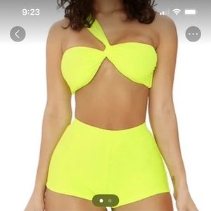 Neon green two-piece boy shorts swimsuit